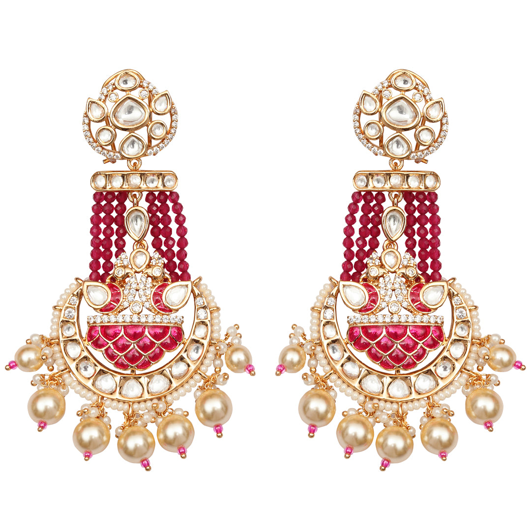 Red Meenakari Kundan Danglers with faux diamonds