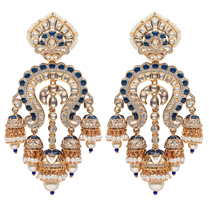 Gold Finished Kundan Polka Danglers with Green Meenakari & White Pearls