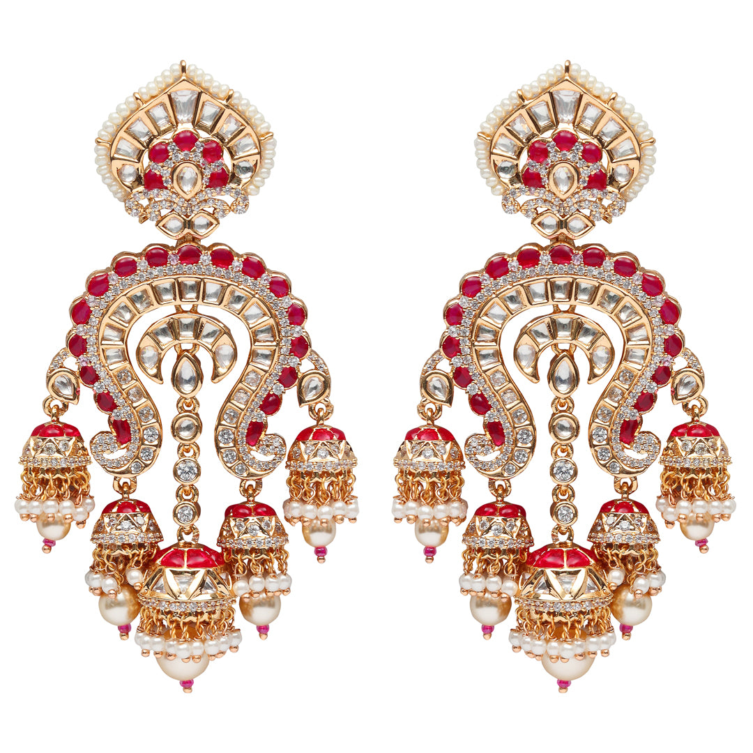 Gold Finished Kundan Polka Danglers with Green Meenakari & White Pearls