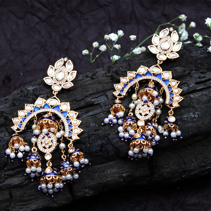 Gold Finish Blue Meenakari Kundan Chaandbaalis