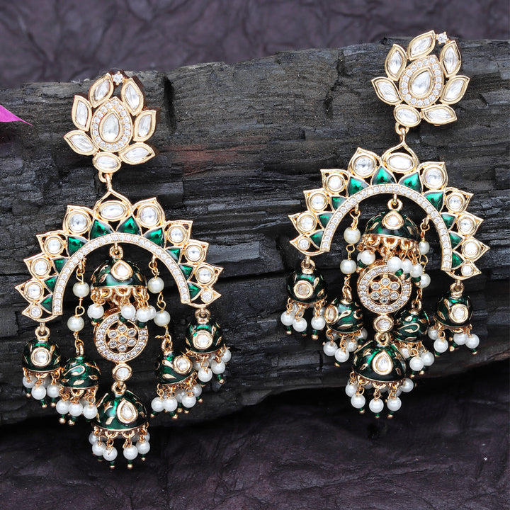 Gold Finish Green Meenakari Kundan Chaandbaalis