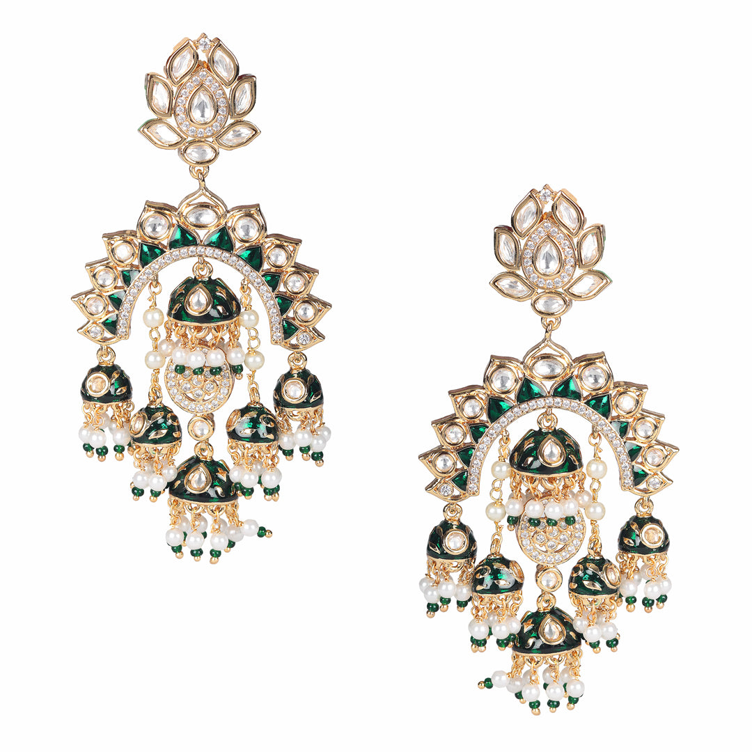 Gold Finish Green Meenakari Kundan Chaandbaalis