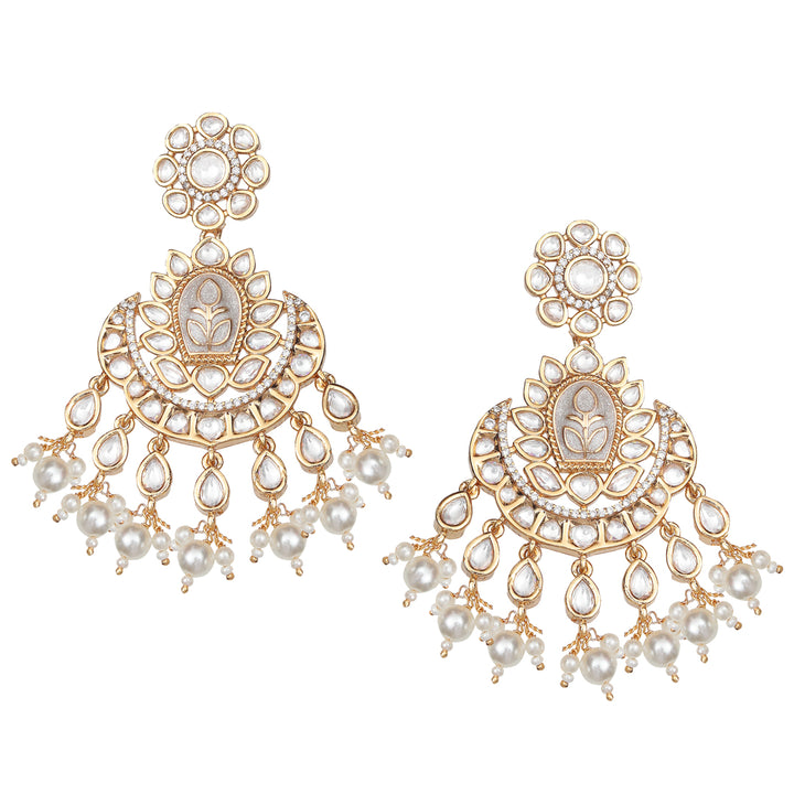 Light Grey Meenakari Kundan Chandbalis with Delicate Faux Diamonds and White Beads.