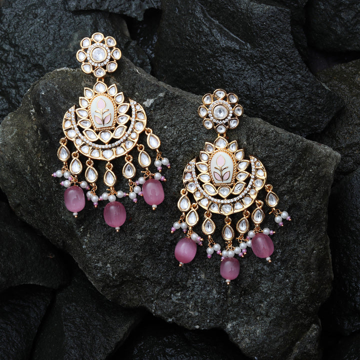 Blush Pink Meenakari Kundan Chandbalis With Delicate Faux Diamonds & Pink & White Beads.