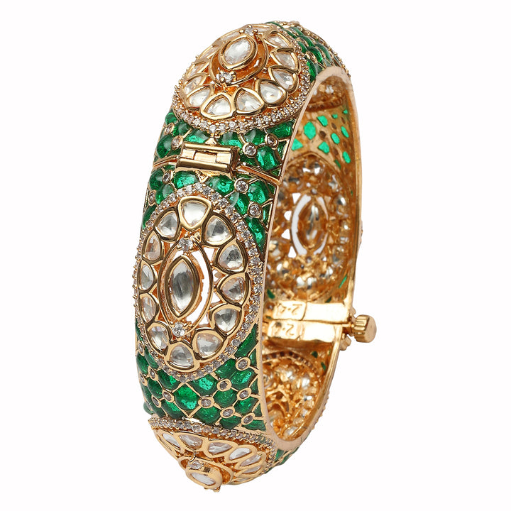 Gold finished Kundan Polki Kada with intricate green Meenakari work.