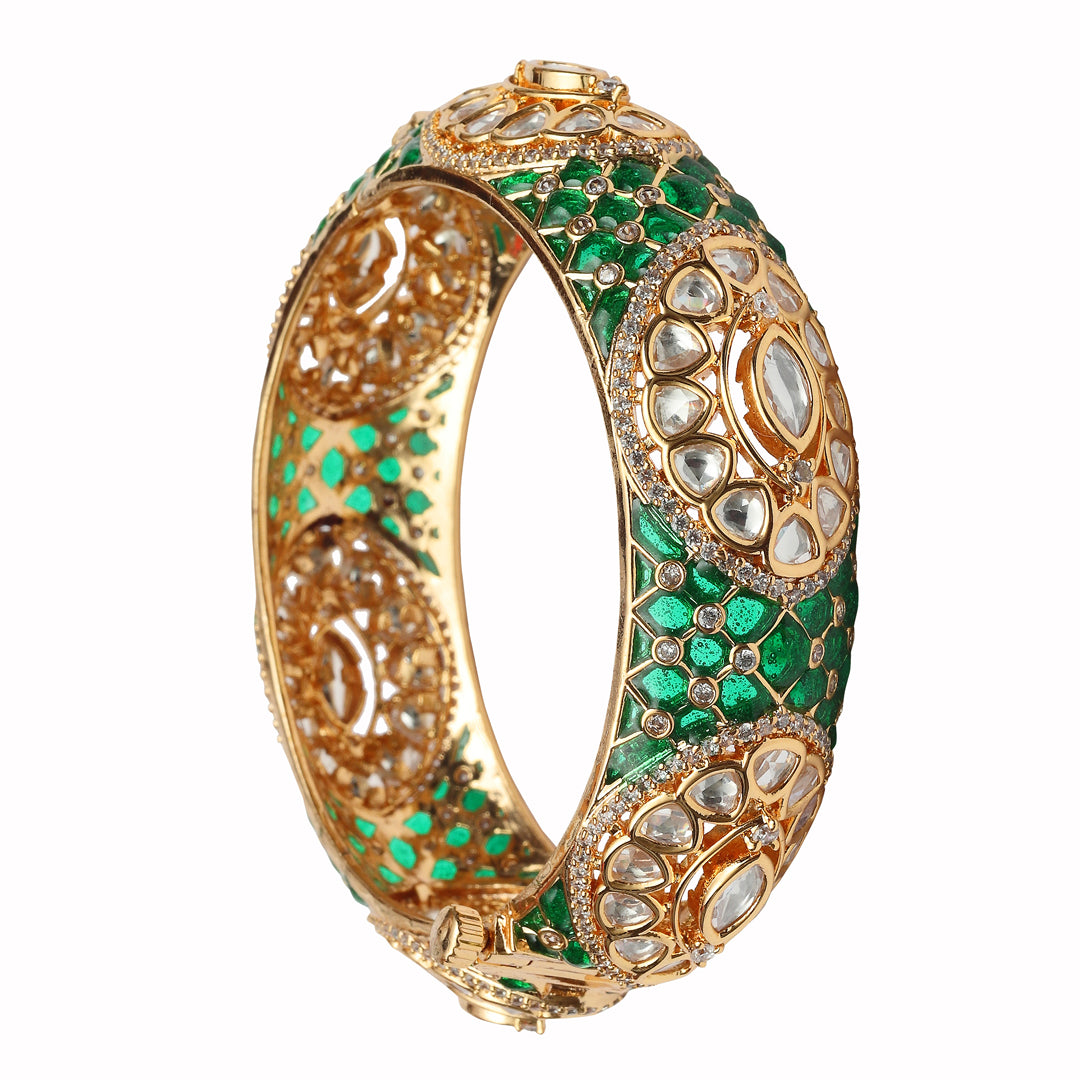 Gold finished Kundan Polki Kada with intricate green Meenakari work.