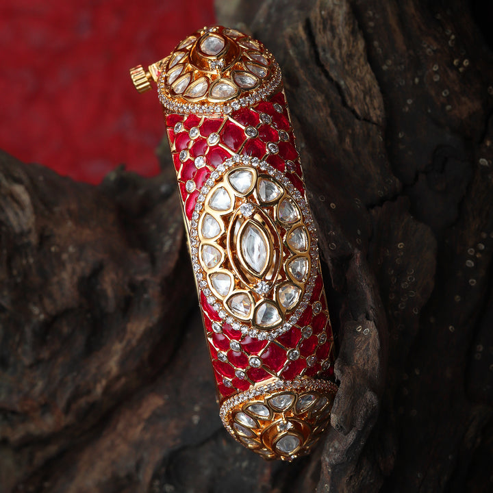 Gold finished Kundan Polki Kada with Intricate Red Meenakari work.