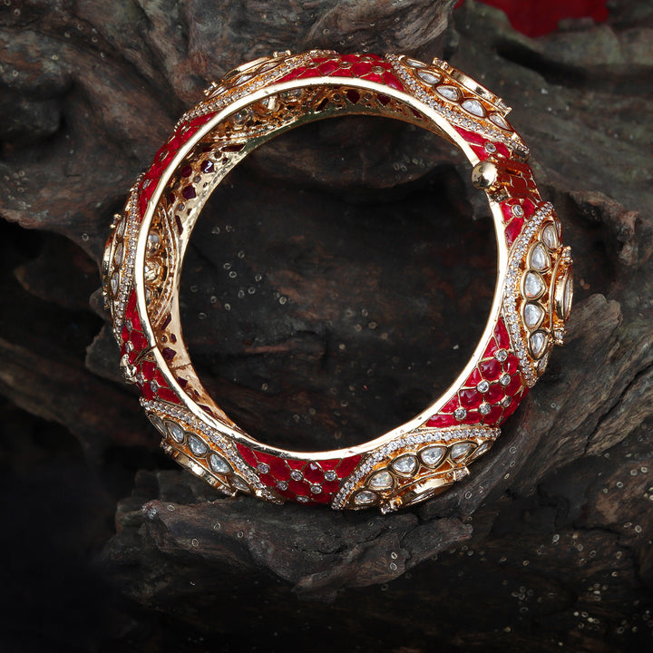 Gold finished Kundan Polki Kada with Intricate Red Meenakari work.