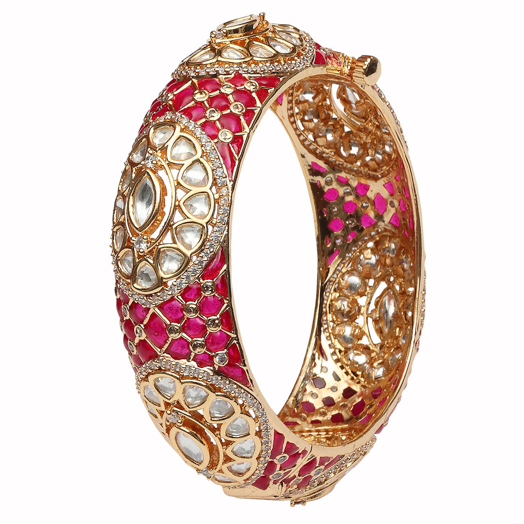 Gold finished Kundan Polki Kada with Intricate Red Meenakari work.