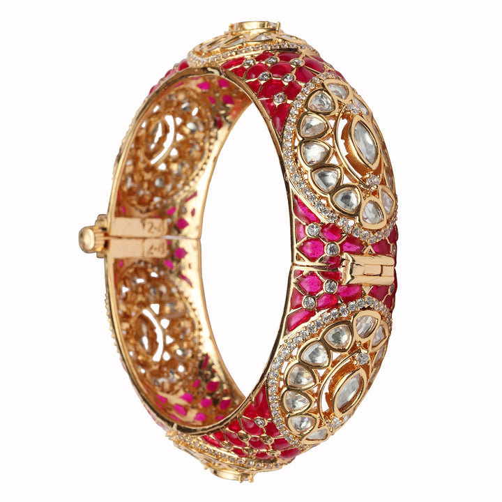 Gold finished Kundan Polki Kada with Intricate Red Meenakari work.