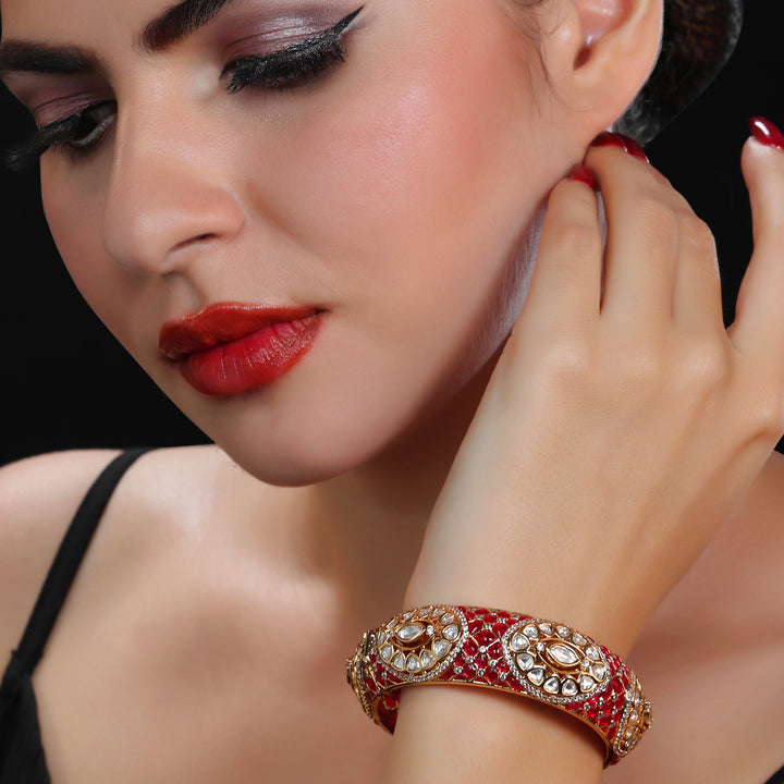 Gold finished Kundan Polki Kada with Intricate Red Meenakari work.