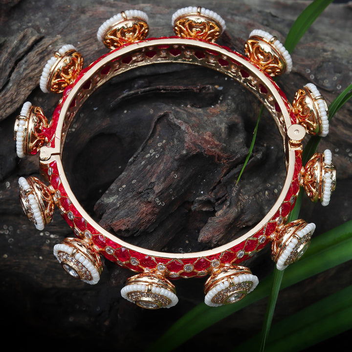 Gold Finished Kundan Polki Pacheli Red Bangles