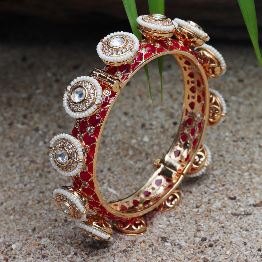 Gold Finished Kundan Polki Pacheli Red Bangles