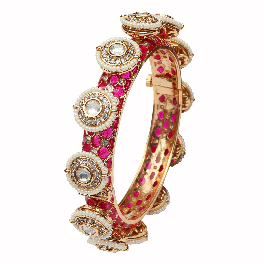 Gold Finished Kundan Polki Pacheli Red Bangles