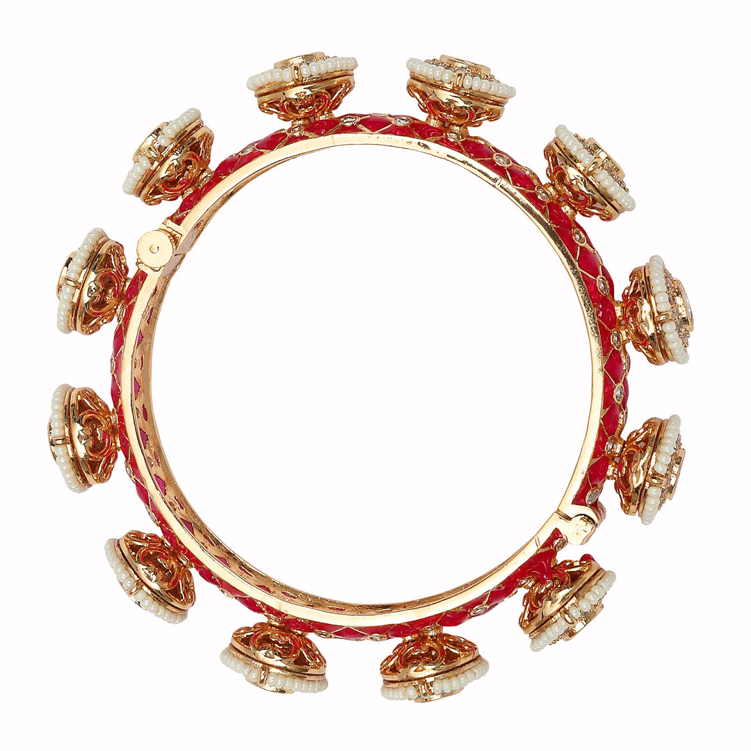 Gold Finished Kundan Polki Pacheli Red Bangles