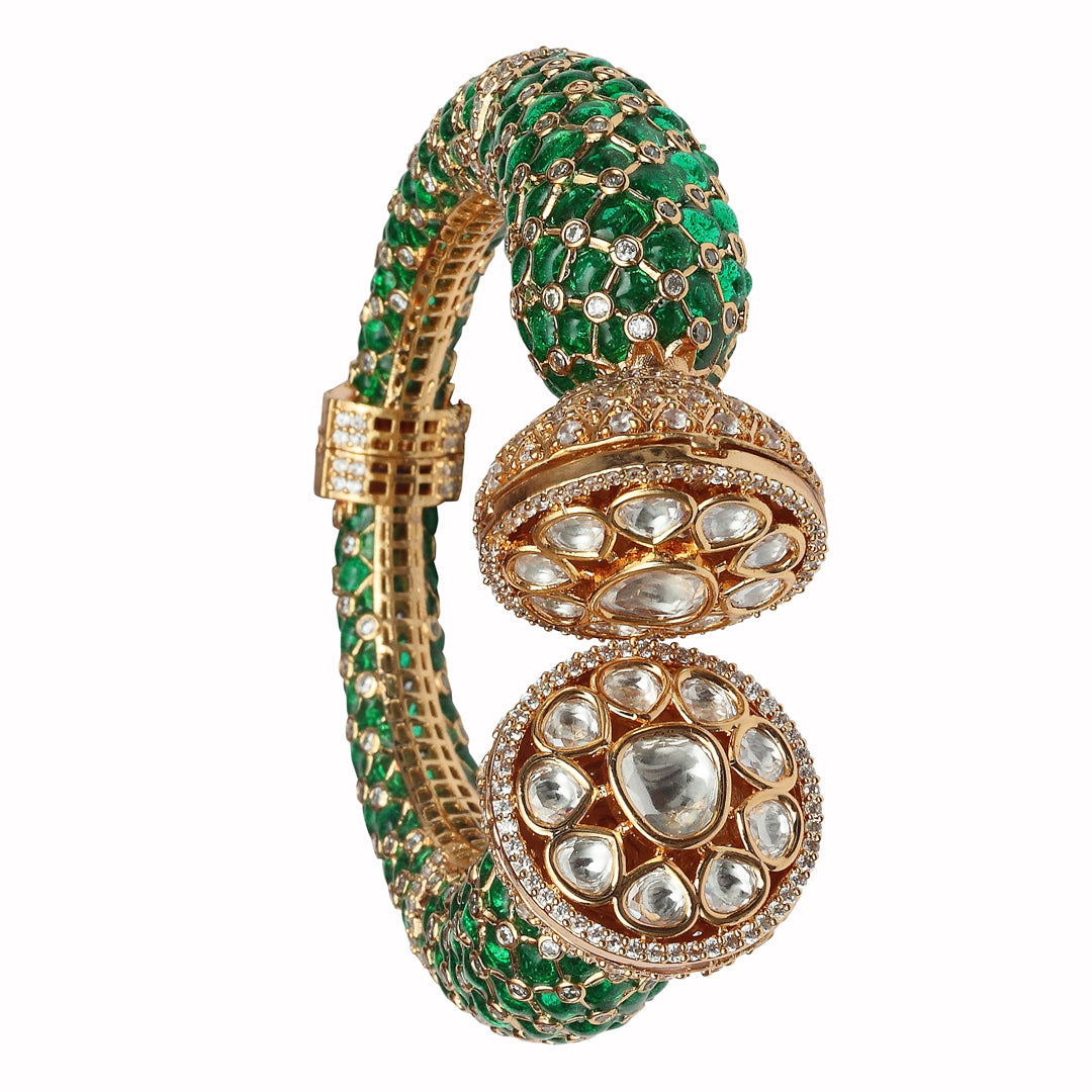 Gold finished Green Meenakari Kada with Kundan Polki & Delicate Cubic Zirconia Detailing.