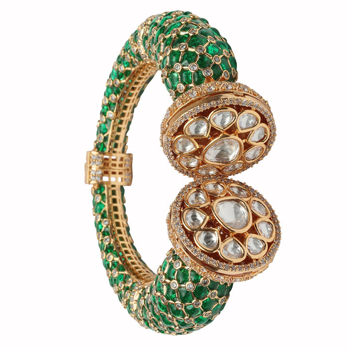 Gold finished Green Meenakari Kada with Kundan Polki & Delicate Cubic Zirconia Detailing.