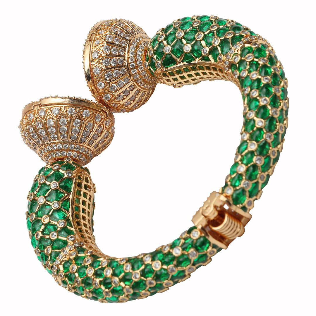 Gold finished Green Meenakari Kada with Kundan Polki & Delicate Cubic Zirconia Detailing.