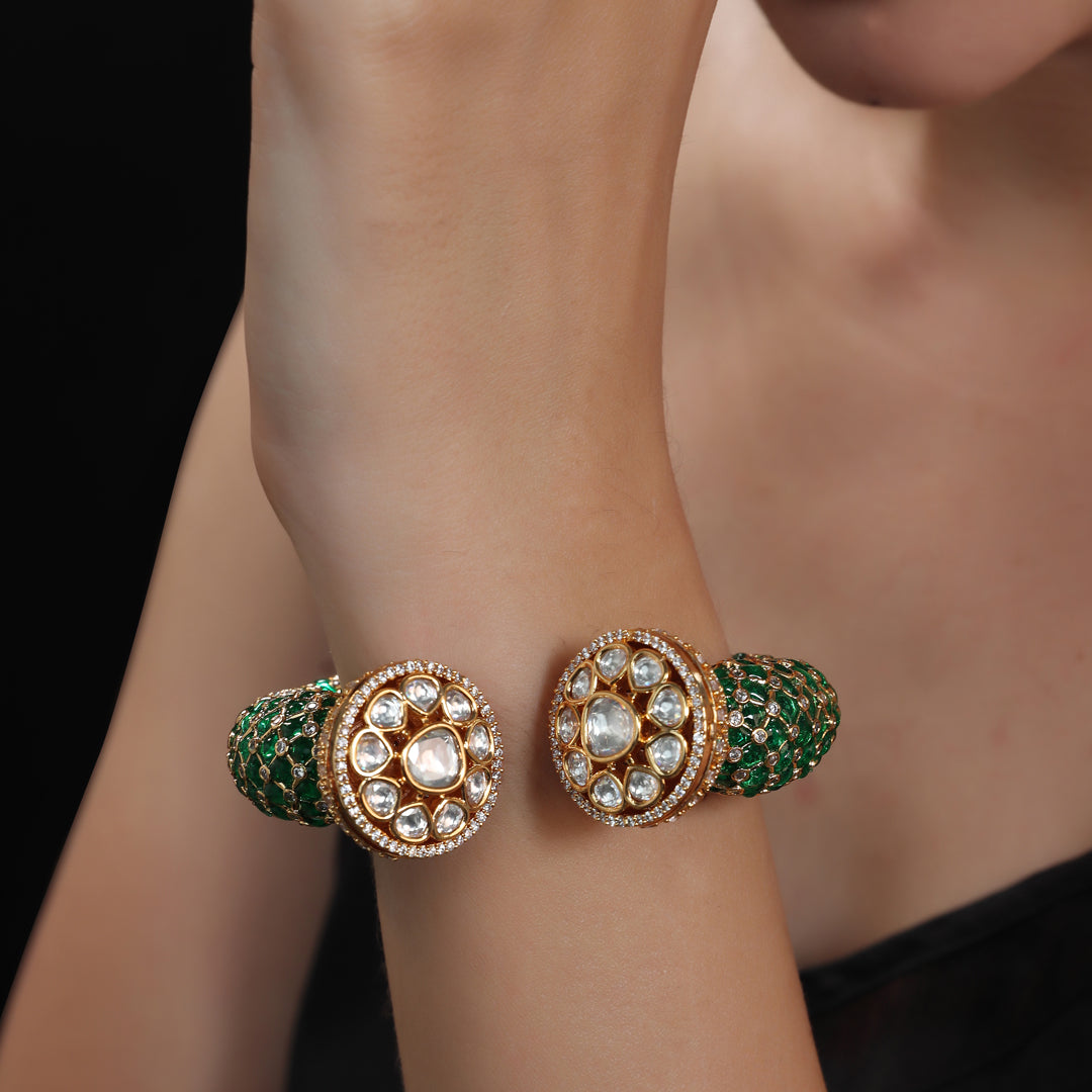 Gold finished Green Meenakari Kada with Kundan Polki & Delicate Cubic Zirconia Detailing.