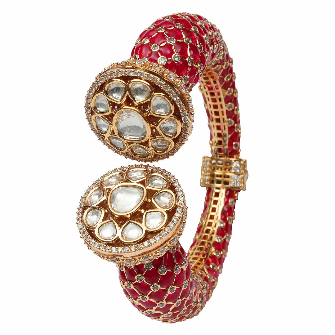 Gold finished Red Meenakari Kada with Kundan Polki & Delicate Cubic Zirconia Detailing.