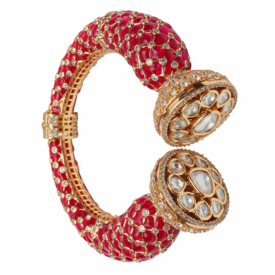 Gold finished Red Meenakari Kada with Kundan Polki & Delicate Cubic Zirconia Detailing.