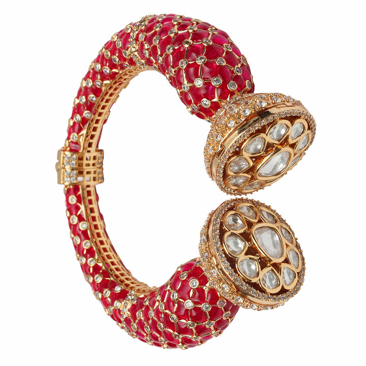 Gold finished Red Meenakari Kada with Kundan Polki & Delicate Cubic Zirconia Detailing.