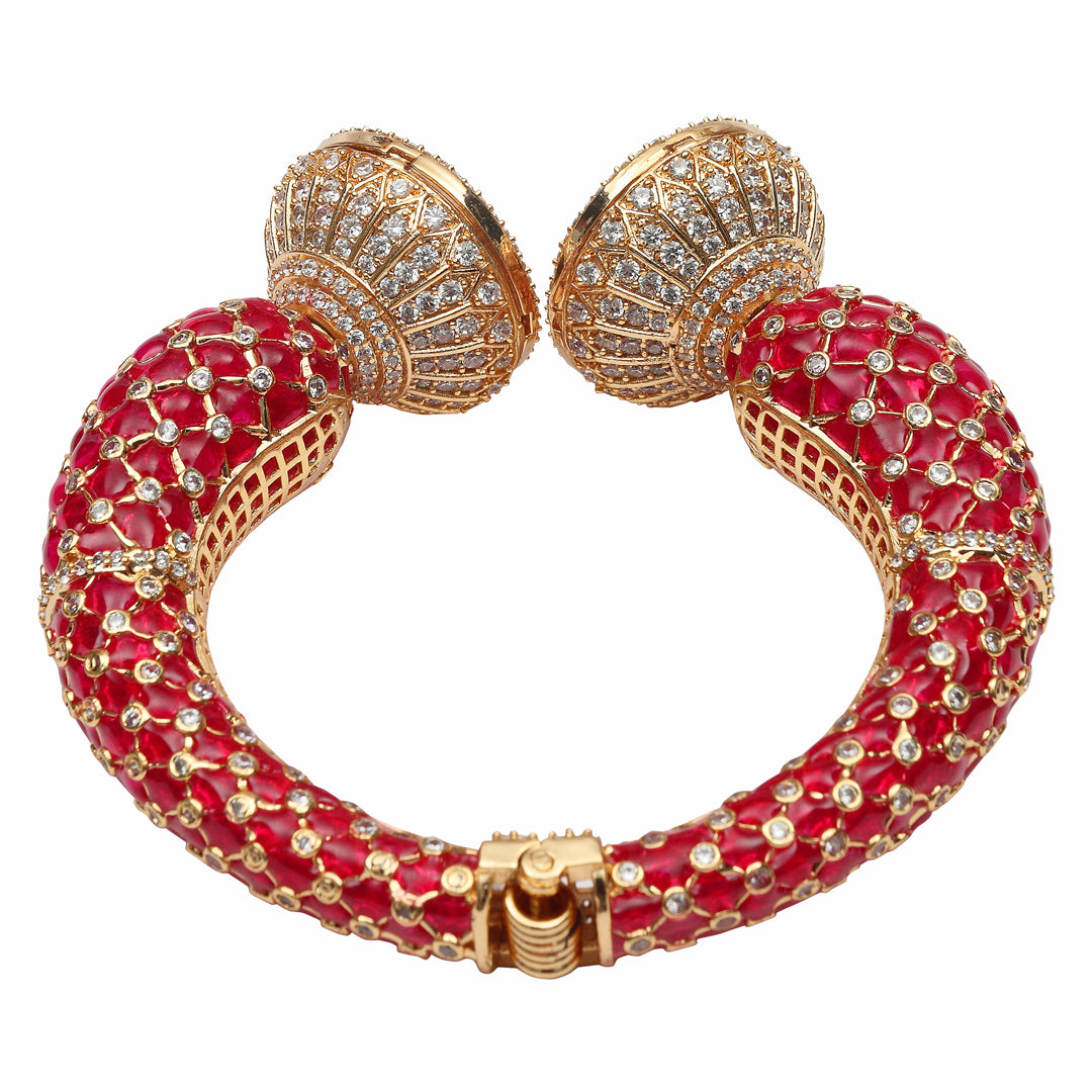 Gold finished Red Meenakari Kada with Kundan Polki & Delicate Cubic Zirconia Detailing.