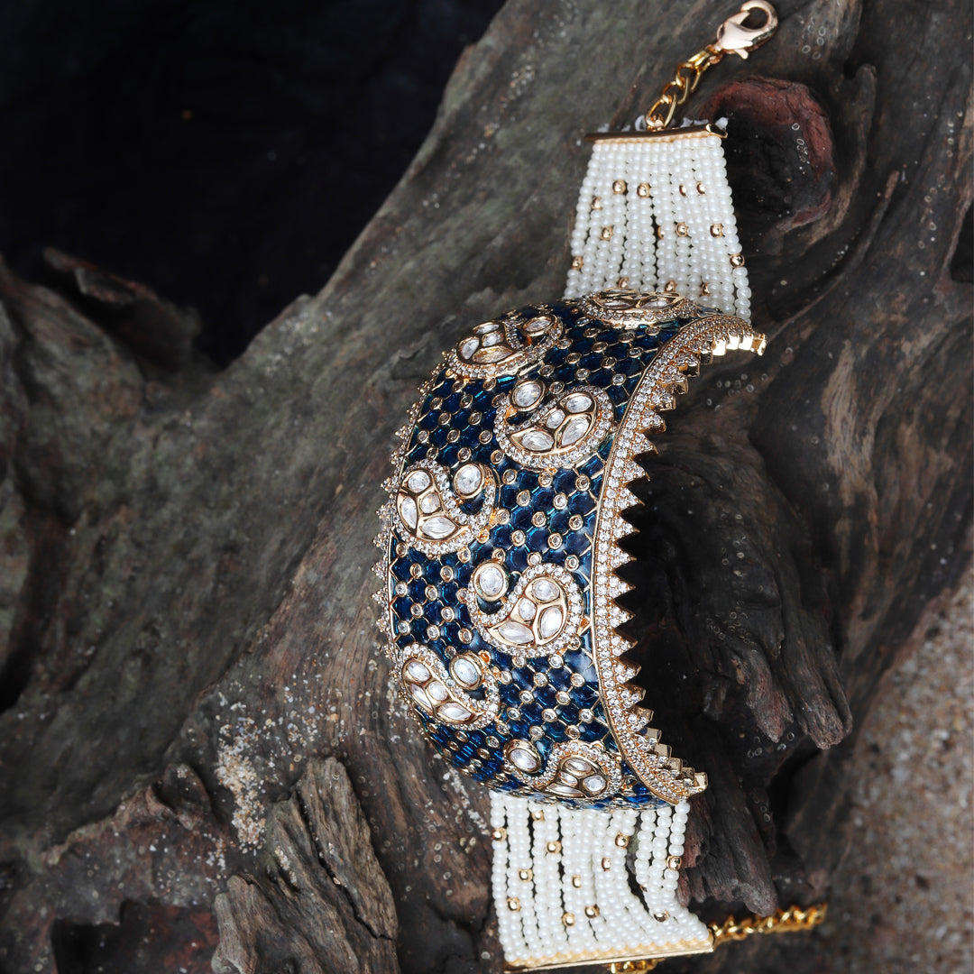 Gold finished Kundan Polki Kada with Blue Meenakari Work.