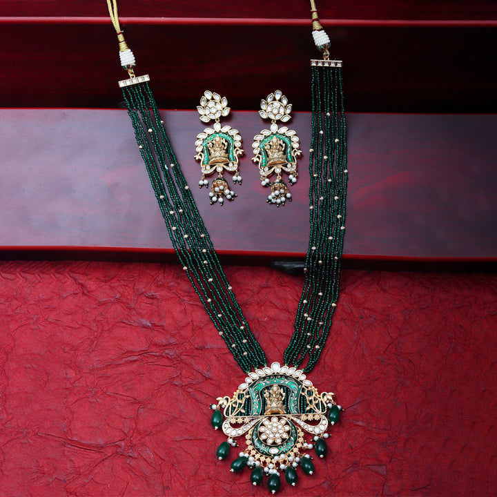 Lord Ganesha Kundan & Meenakari Mala Set With Emerald Green & Gold Beads