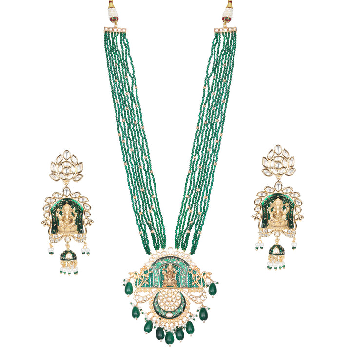 Lord Ganesha Kundan & Meenakari Mala Set With Emerald Green & Gold Beads