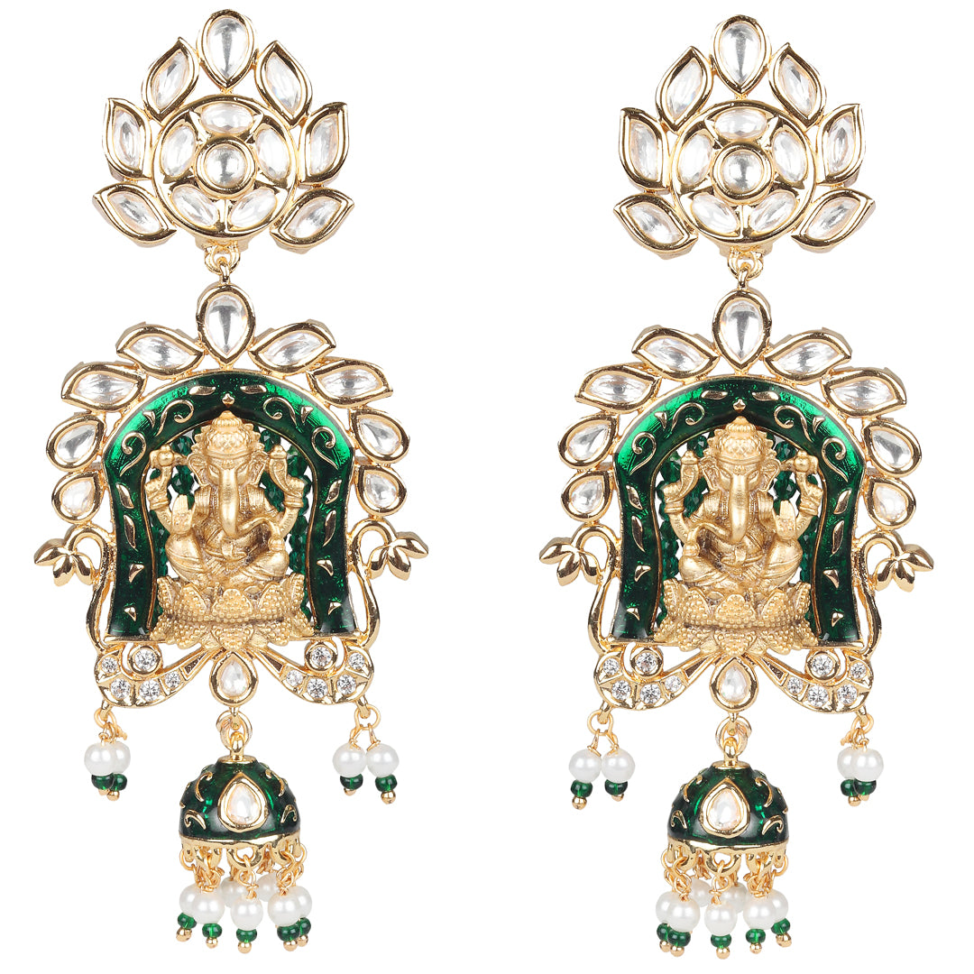 Lord Ganesha Kundan & Meenakari Mala Set With Emerald Green & Gold Beads