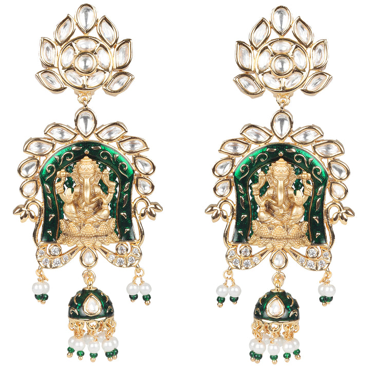 Lord Ganesha Kundan & Meenakari Mala Set With Emerald Green & Gold Beads