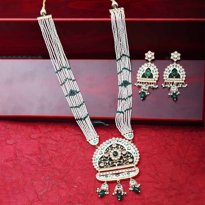 White & Emerald Kundan and Meenakari Mala Set