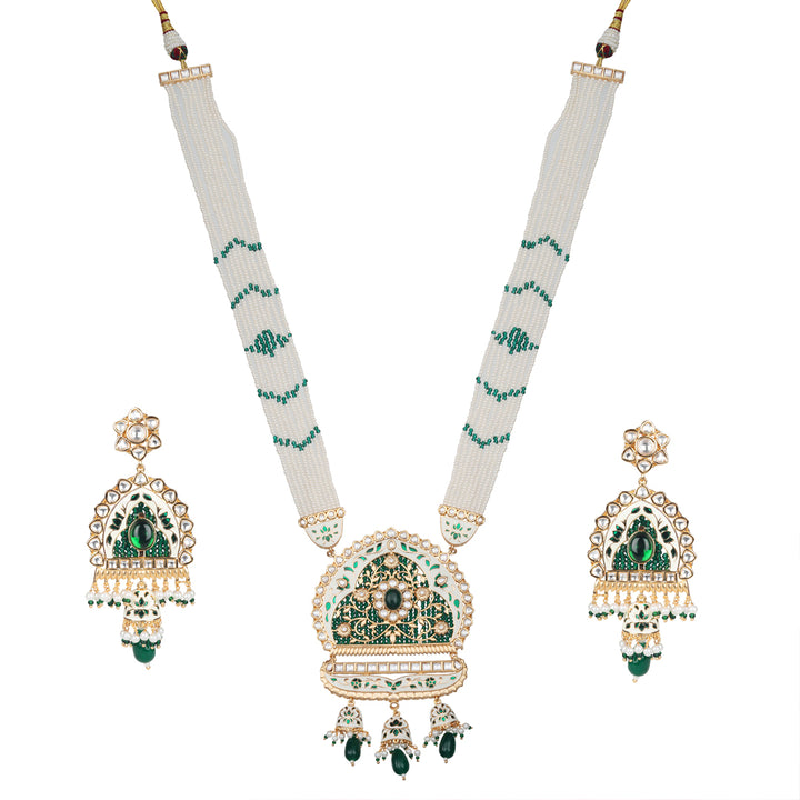 White & Emerald Kundan and Meenakari Mala Set