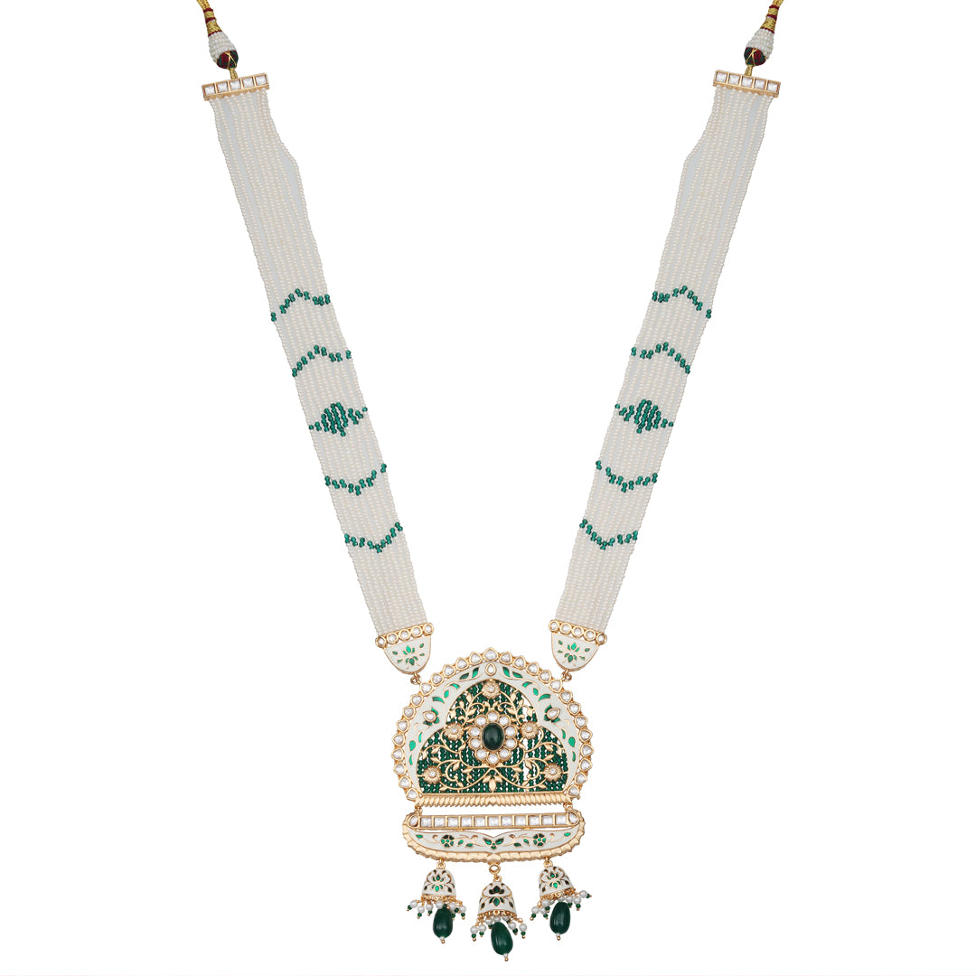 White & Emerald Kundan and Meenakari Mala Set