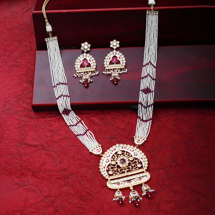 White & Ruby Kundan and Meenakari Mala Set