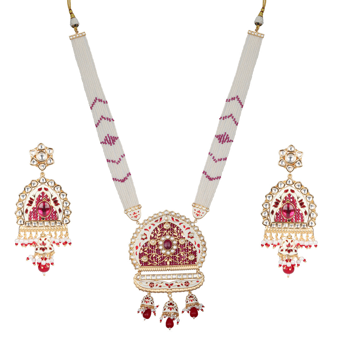 White & Ruby Kundan and Meenakari Mala Set