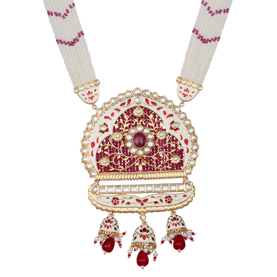 White & Ruby Kundan and Meenakari Mala Set