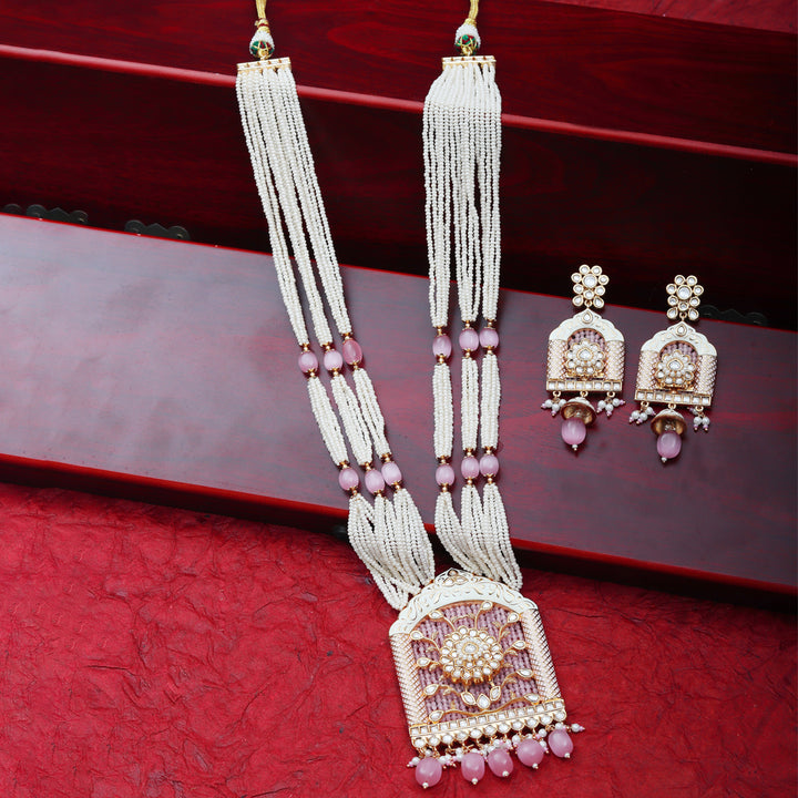 Jharoka Shaped Kundan & Pink Meenakari Mala Set