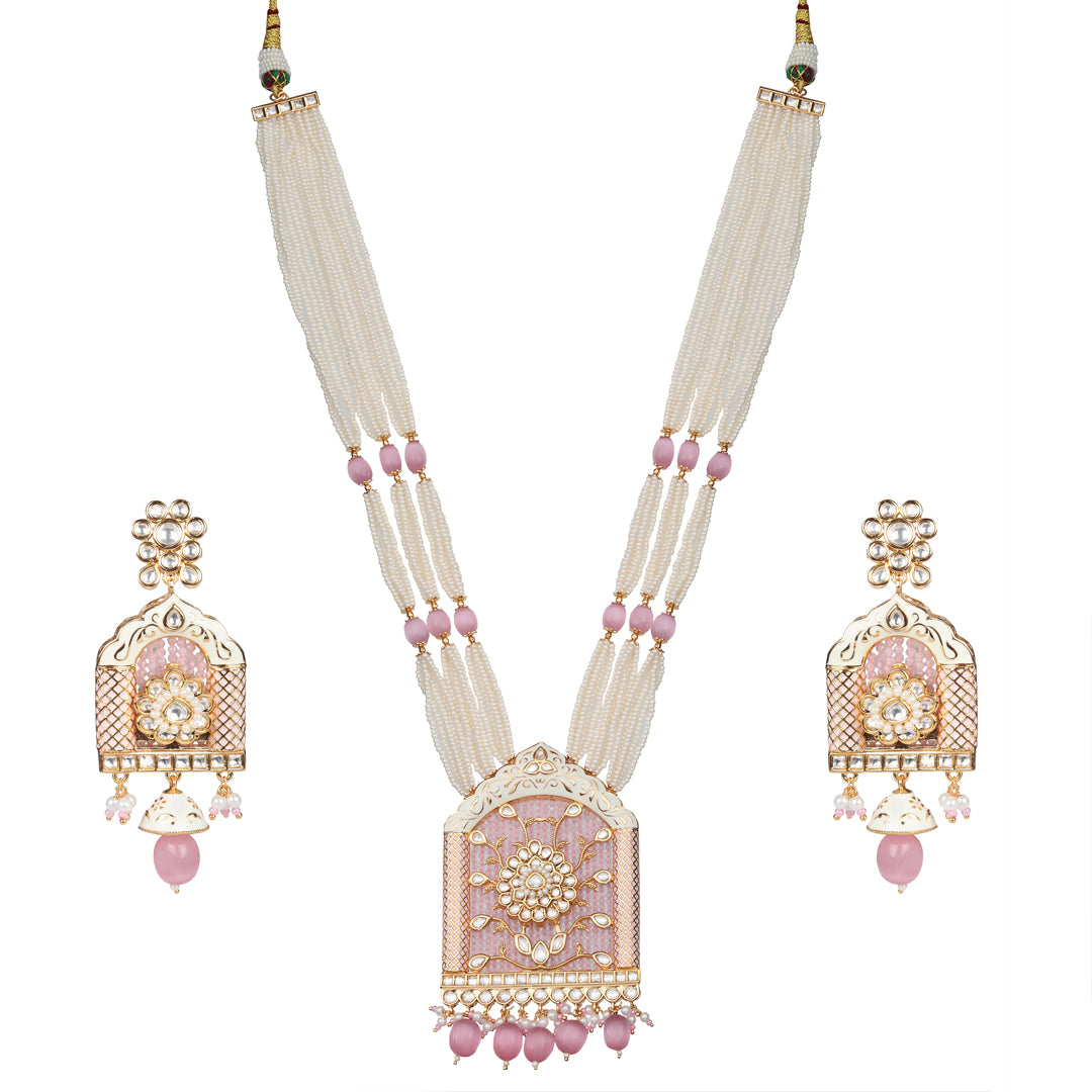 Jharoka Shaped Kundan & Pink Meenakari Mala Set