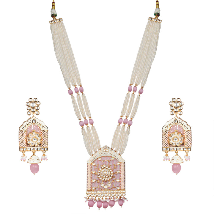 Jharoka Shaped Kundan & Pink Meenakari Mala Set