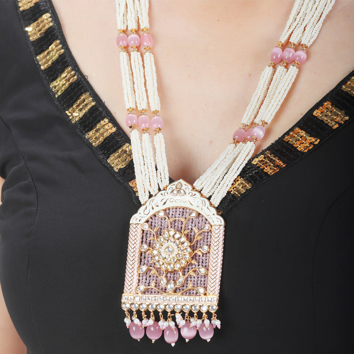 Jharoka Shaped Kundan & Pink Meenakari Mala Set