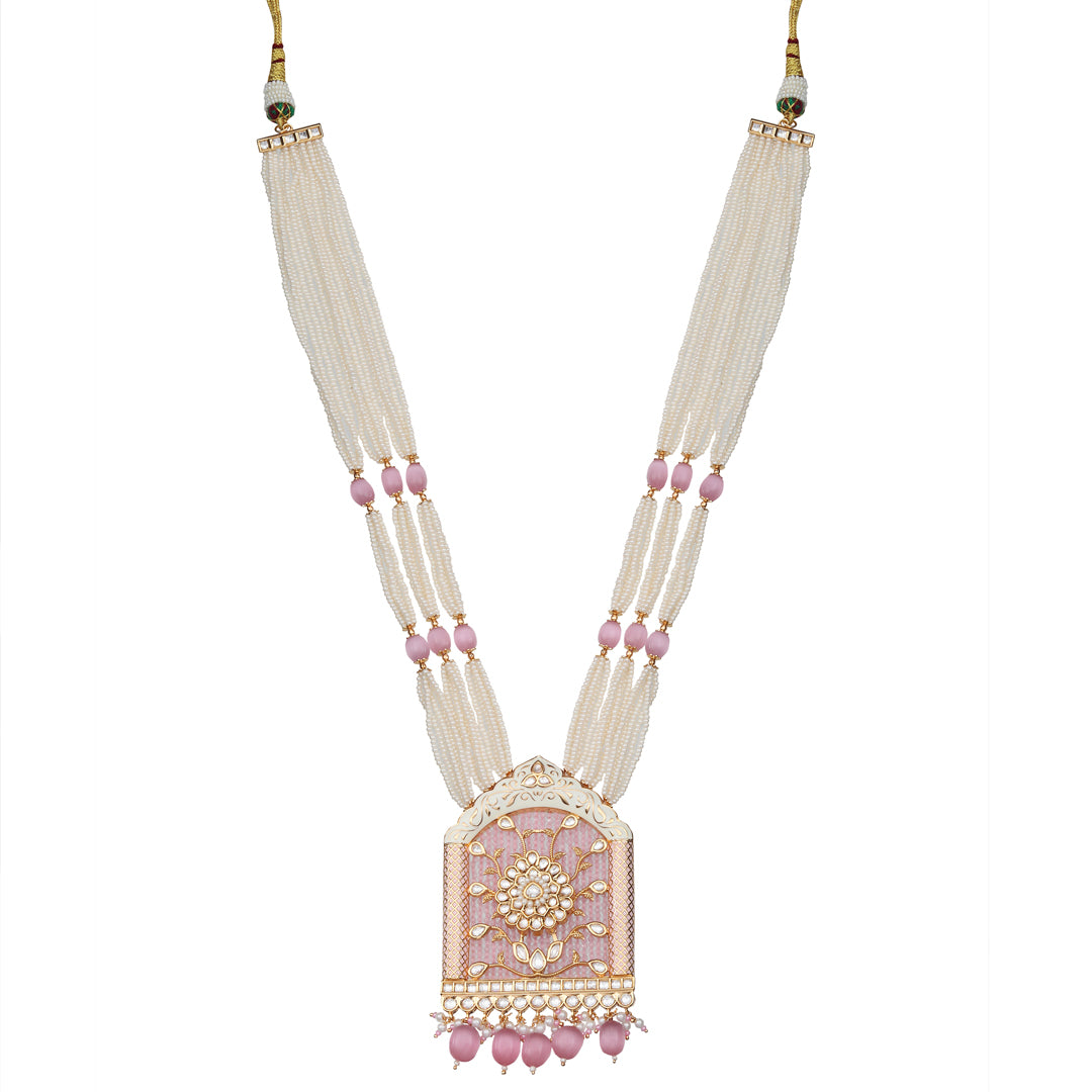 Jharoka Shaped Kundan & Pink Meenakari Mala Set