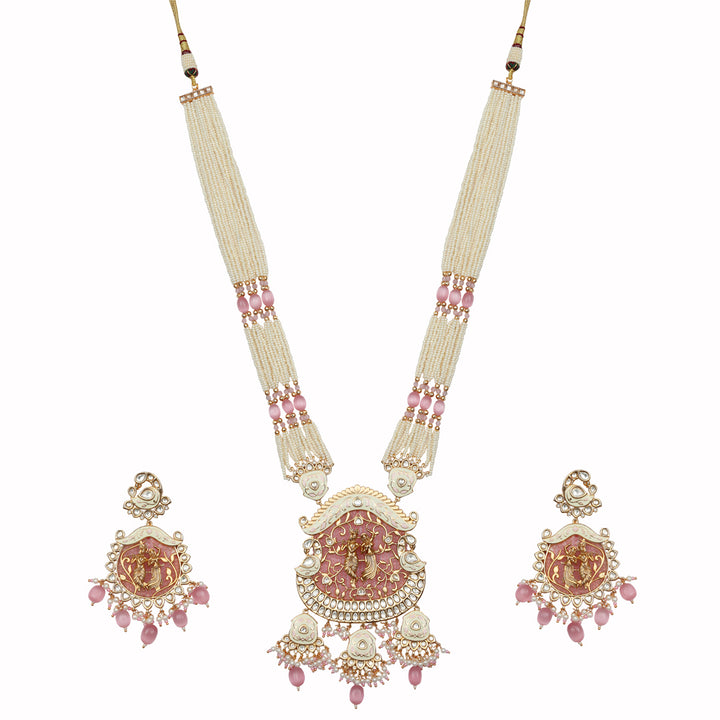 Gold Finished Blush Pink Radhe Krishna Meenakari Mala Set