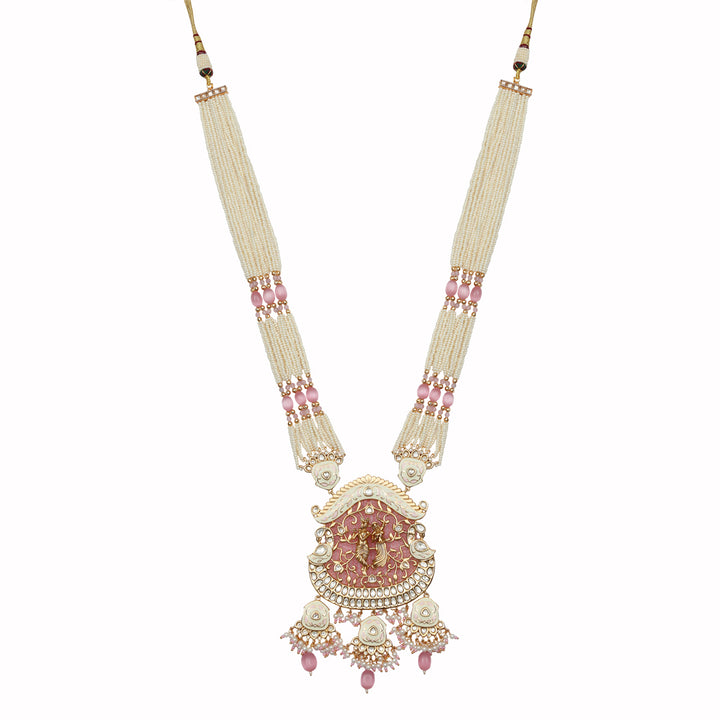 Gold Finished Blush Pink Radhe Krishna Meenakari Mala Set