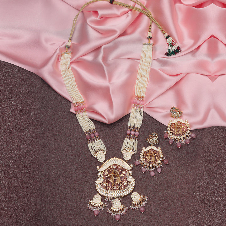 Gold Finished Blush Pink Radhe Krishna Meenakari Mala Set