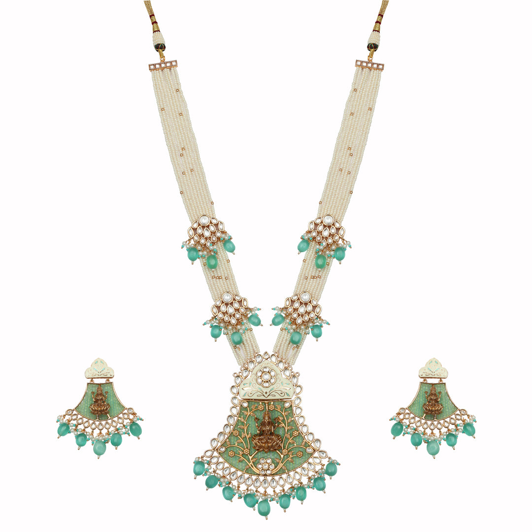 Gold Finished Mint Green Meenakari Goddess Laxmi Mala Set