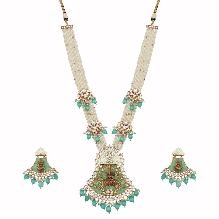 Gold Finished Mint Green Meenakari Goddess Laxmi Mala Set