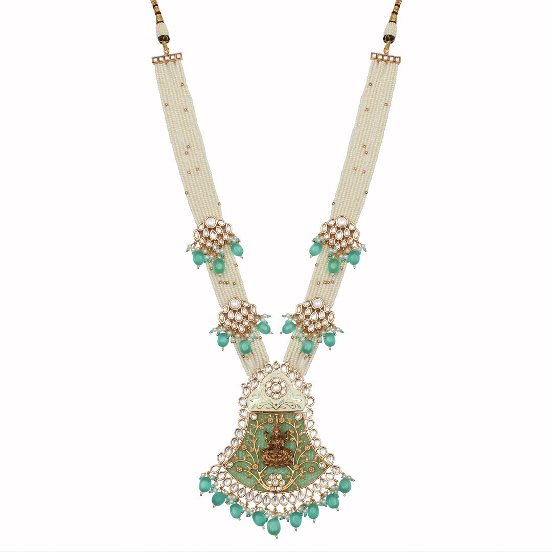 Gold Finished Mint Green Meenakari Goddess Laxmi Mala Set