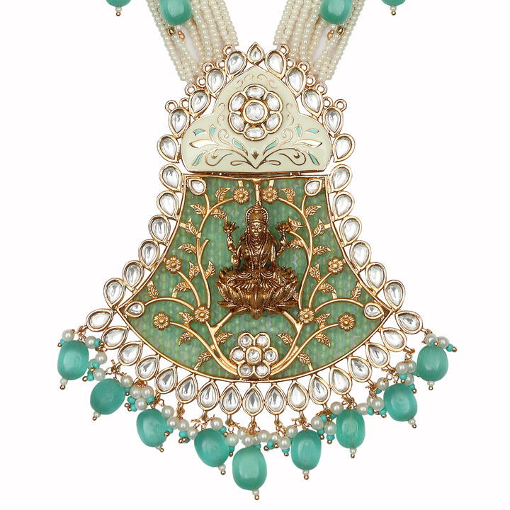 Gold Finished Mint Green Meenakari Goddess Laxmi Mala Set